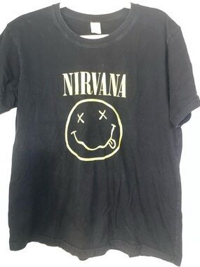 NIRVANA Black Short Sleeve Tee with Yellow Smiley Logo